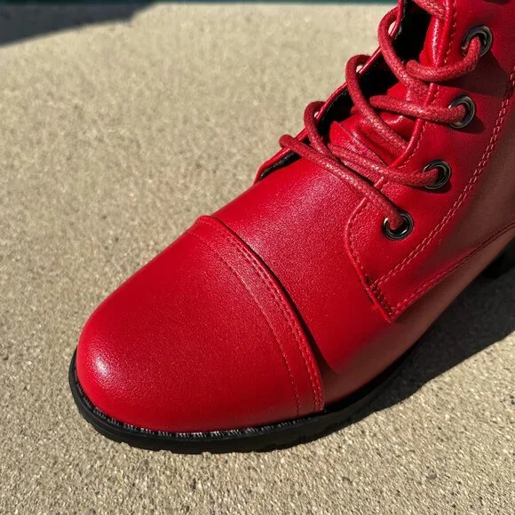 New True Red Lace Up Military Combat Moto Ankle Boots Booties Low Block Heel Zip - Picture 5 of 5